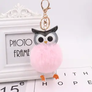 KAZUFUR New Fashion Girls Gift Owl Faux Fur Keychain Pom Puff Ball Keychain