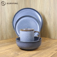 Service de vaisselle en grès réactif, bleu vintage, assiettes, bols et mugs en céramique, style rustique, pour la maison et les restaurants, logo personnalisé