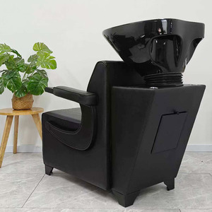 Fauteuil de lavage noir pour salon de coiffure avec cuvette en céramique et revêtement en cuir - Product Image 6