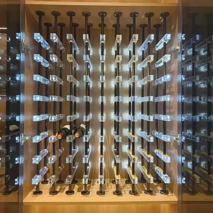 Gabinete de vino de acrílico con estante de vino de metal con luz led para bodega