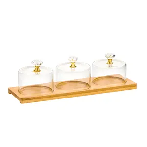 Tatlı tabağı bambu tepsi elmas top ile borosilikat cam pasta kapak 3 adet tatlı dükkanı dekorasyon
