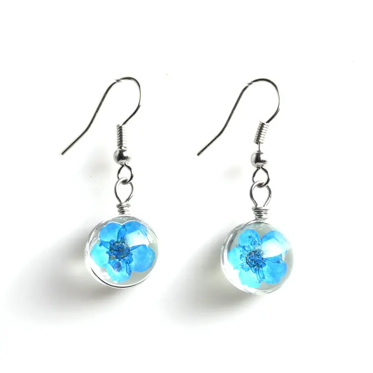 Round Transparent Hook Dangle Enamel Acrylic Blue Resin Real Flower Crystal Ball Pendant Botanical Piercing Jewelry Earrings
