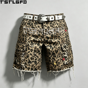 Cut And Sew Leopard Print Denim Cargo Shorts Heavyweight Vintage Wash Distressed Raw Hem Y2K Streetwear Shorts Bulk - Product Image 1
