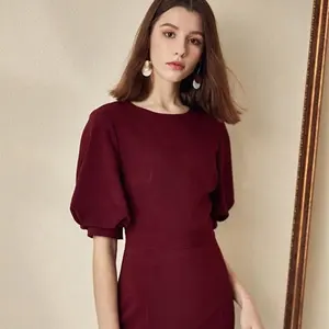 High quality elegant lady burgundy flare dress women casual dress sweet lady clothing street wear