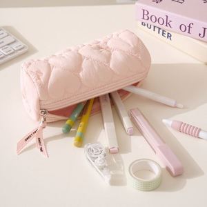 Custom Logo Heart Quilted Nylon Pencil <b>Case</b> Portable Zipper Pen Pouch <b>Makeup</b> <b>Brush</b> Cosmetic Storage Bag for Students - Product Image 5