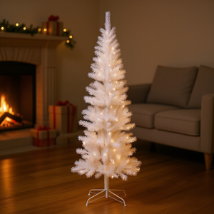 Sapin de Noël artificiel blanc mince pré-éclairé 7,5 pieds, lumières LED chaudes, design moderne, support métallique pliable, décoration intérieure pour les fêtes - Product Image 2