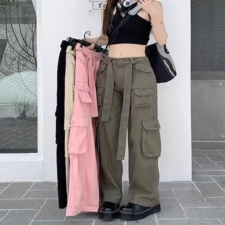 women cargo pants women's trousers High waist loose casual trousers vintage lady multi pocket streetwear straight Wide leg jeans