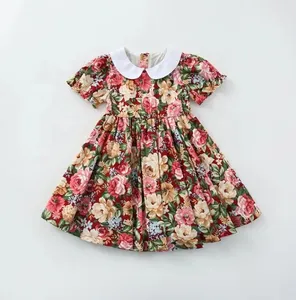 Puff Sleeves Peter Pan Collar Dresses Summer Baby Girls Dresses High Quality Wholesale Pure Cotton Kids Floral Dress Clothing