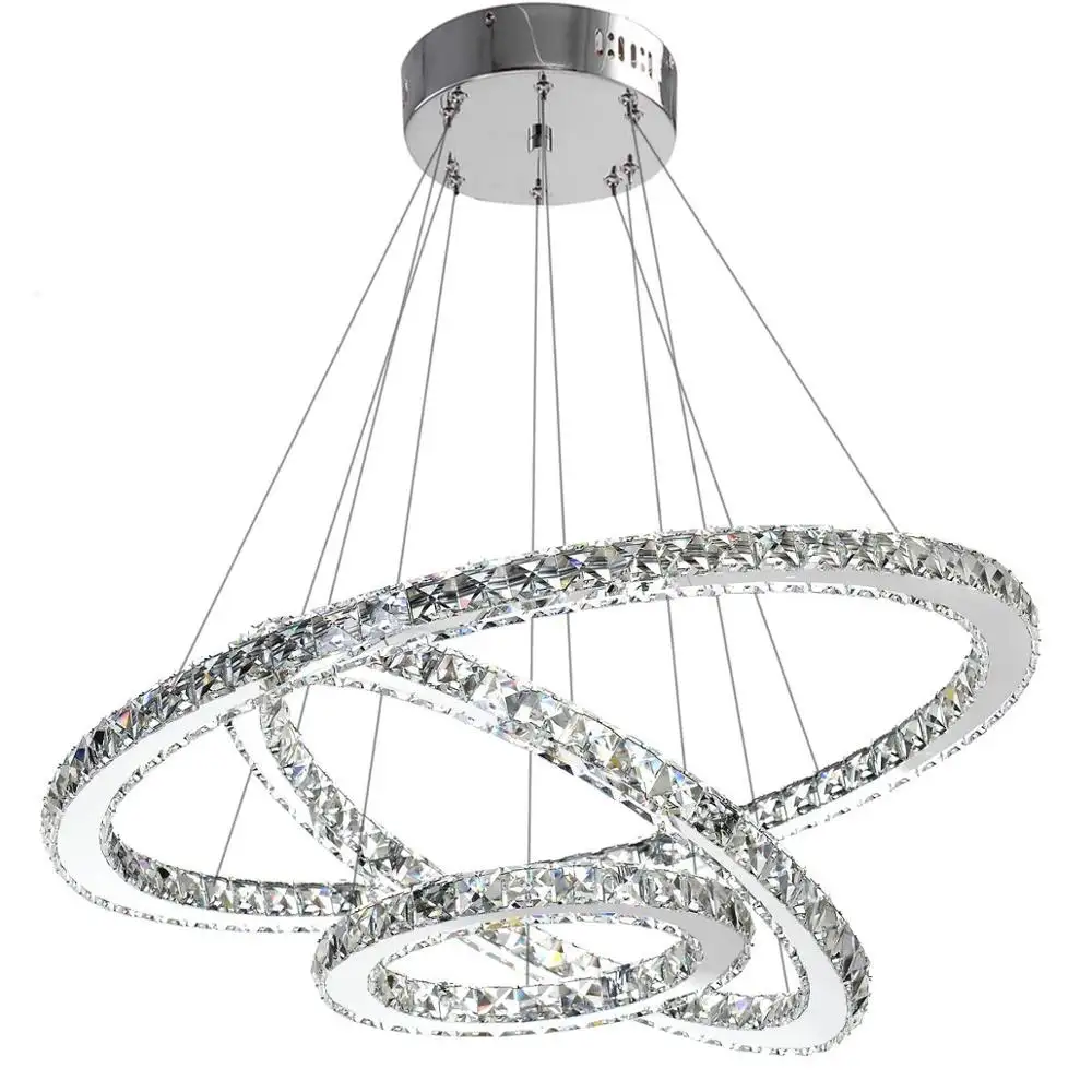 Crystal Modern LED Ceiling Fixtures Dining Room Pendant Lights Contemporary 3 Rings Adjustable Stainless Steel Chandelier