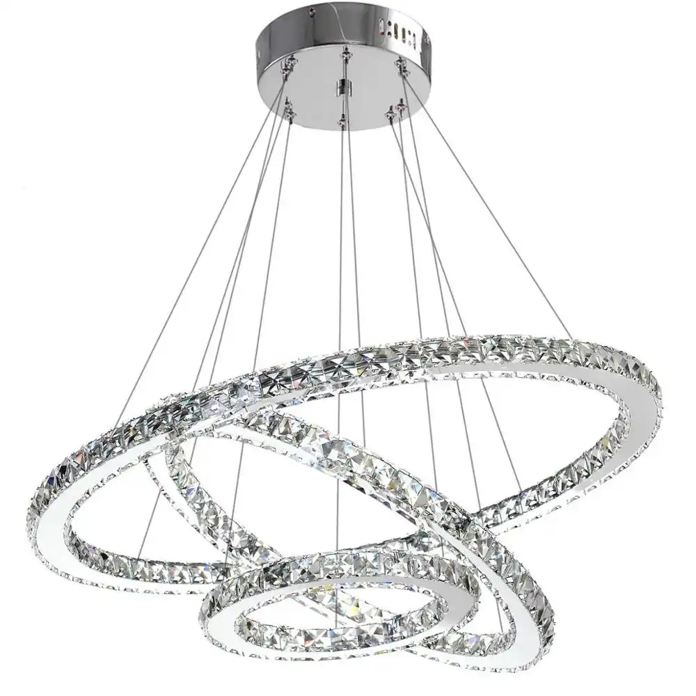 Crystal Moderne Led Plafond Armaturen Eetkamer Hanglampen Hedendaagse 3 Ringen Verstelbare Rvs Kroonluchter