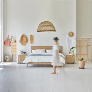 Natural furniture Japandi bedroom furniture oak rattan modern bed furniture bed room sets wooden beds