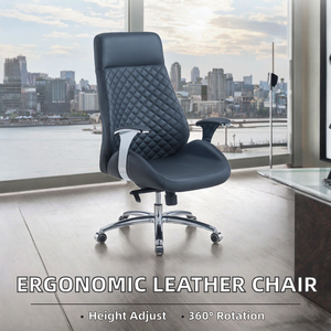 Chaise de bureau ergonomique à dossier haut en cuir avec structure métallique au design moderne - Pivotante, idéale pour le bureau du patron, le bureau à domicile, le salon ou l'hôpital - Product Image 2