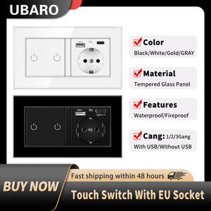 Ubaro European Standard 146 Type Touch Switch With 3 Way <b>Socket</b> And 2 Usb Ports Black Tempered Glass Panel - Product Image 5