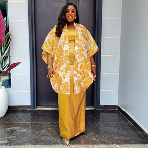 Traditionelles afrikanisches Kleid für Damen, geblümt bedruckte Satin-Cardigan + Innenweste, zweiteiliges Dashiki-Kleid-Set - Product Image 4