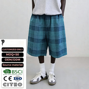 Nouvel Arrivage – Short Culotte Décontracté Homme à Carreaux Bleus avec Logo Personnalisé, Coupe Ample 7/8, Taille Élastique, Vente en Gros - Product Image 1