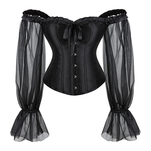 Off Shoulder Gothic Corselet Overbust Corset <strong>Black</strong> Sheer Long Sleeve Bustier <strong>Top</strong> Korset <strong>Basques</strong> Shirt - Product Image 2