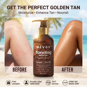 Aceite Bronceador Corporal MEVOV 250ml, Aceites Naturales Hidratantes, Realza el Bronceado, Tonos Más Oscuros, Cuidado de la Piel para <span class=keywords><strong>Playa</strong></span> <span class=keywords><strong>y</strong></span> Verano, Prolonga el Bronceado, OEM - Product Image 1