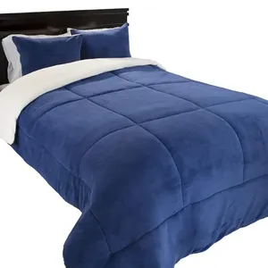 Wholesale plain blue Home 3 Piece down alternative Sherpa / Fleece Comforter Set