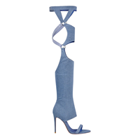 Bottines de soirée à talons aiguilles en denim pour femmes, à lanières, au-dessus du genou, avec découpes