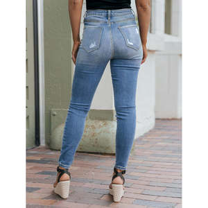 Livraison gratuite aux États-Unis, jean skinny bleu clair à haute élasticité, jean skinny déchiré pour femmes, jean crayon à braguette boutonnée pour mamans - Product Image 3