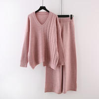 Ensemble pull personnalisé automne, nouveau, couleur unie, col en V, haut décontracté ample, pantalon tricoté grande taille, ensemble 2 pièces pour femme