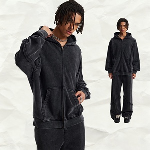 <span class=keywords><strong>Felpa</strong></span> con cappuccio con cerniera in metallo Patchwork con lavaggio a acido strutturale da uomo 100% alla moda stile stile Pullover alla moda - Product Image 5