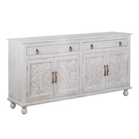 Grand buffet en bois sculpté à la main - Buffet à 4 portes blanchi à la chaux - Console multimédia style bohème chic - Meuble de rangement orné de motifs floraux