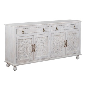 Large Hand-Carved Wooden <b>Sideboard</b> - Whitewashed 4-Door Buffet Cabinet - Boho Chic Media Console - Ornate Floral Credenza - Product Image 3