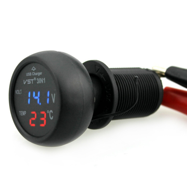 12V/24V Digital LED Car Voltmeter Thermometer Temperature Meter Voltmeter Cigarette Lighter 3 1 Auto USB Charger OEM Supported