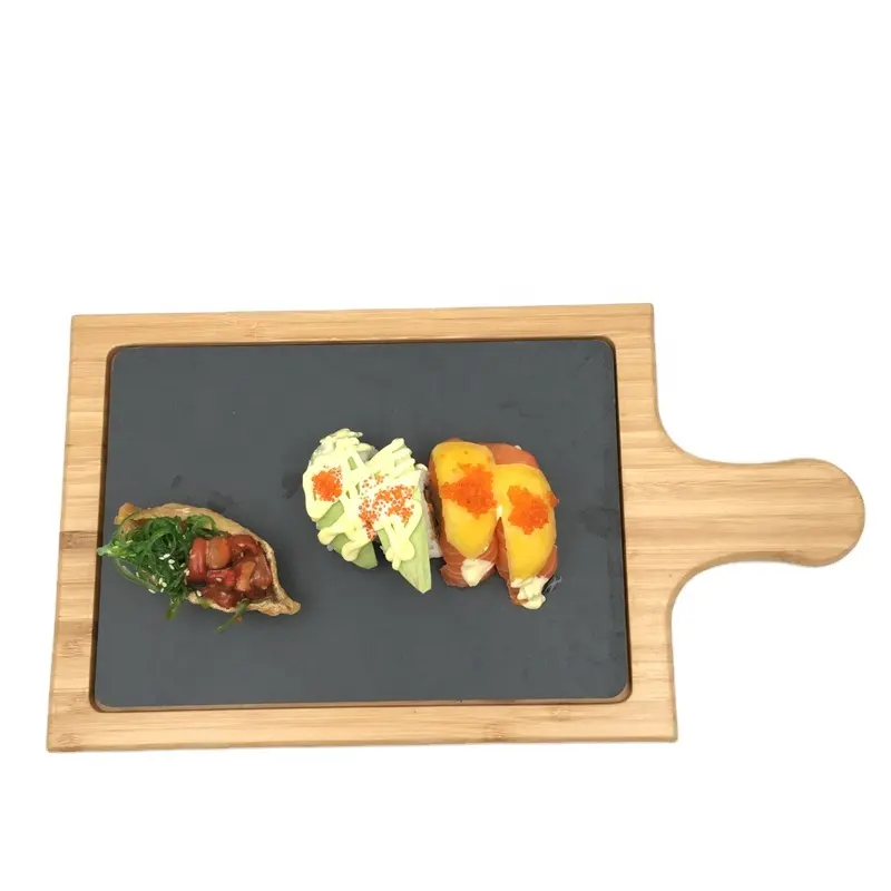 Natural ceramic sushi board slate tray bread cheese cutting board set with bamboo