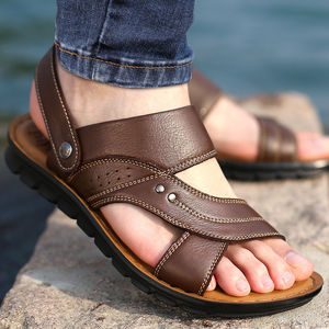 Hot Sale Summer <b>Men</b> Sandals Quality Genuine Leather <b>Shoes</b> Male Comfortable <b>Slip</b>-<b>on</b> Slippers Brown Man Sandal - Product Image 1