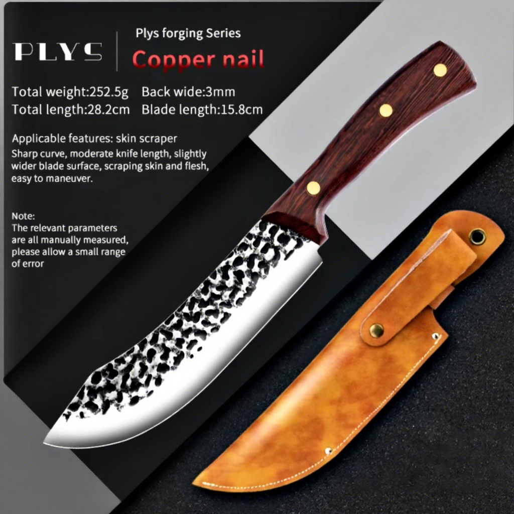 Cuchillo de carnicero de acero con funda de cuero