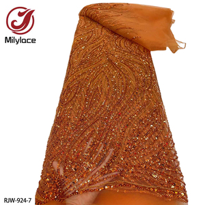 <span class=keywords><strong>Tela</strong></span> de encaje de <span class=keywords><strong>tul</strong></span> francés de lentejuelas con cuentas hechas a mano con bordado naranja quemado nupcial de lujo - Product Image 1