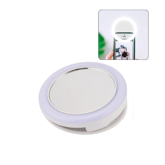 Clip Phone Selfie Mirror Circular Pocket Mirror with Adjustable LED Fill Light Clip on Ring Light for Phone Photography