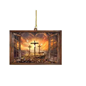 Houten Nerframen Doorzichtige Acryl Hangers Easter Decoraties Jesus Cross Auto Hangers Home Decoraties Acryl Sleutelhangers