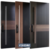 Porte en acier de haute qualité américaine, porte de sécurité extérieure noire avec incrustation en bois, portes pivotantes de luxe pour l'extérieur de la maison
