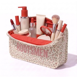 Bolsa de cosméticos floral con estampado de flores pequeñas, bolsa de maquillaje de lona recubierta, con bolsillo frontal y letras, logotipo personalizado OEM. - Product Image 1