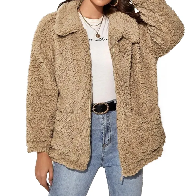 New Arrival Wholesale Fake Lamb Fur Jacket Luxury Women Faux Fur Coat with Zipper