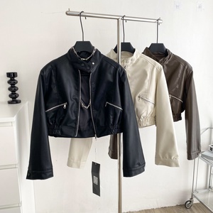 Herbst Neue Reißverschluss-Damen-Motorradjacke Kurze Gepolsterte Schulter Damen Langarm-Lederjacke - Product Image 1