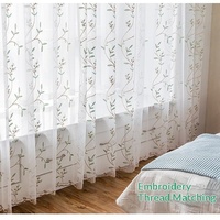 Rideaux en polyester vert clair brodés de feuilles, style américain moderne et minimaliste, à fixation murale pour salon, balcon, chambre à coucher