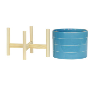 Pot en céramique avec support en bois, couleur bleue, pour intérieur et extérieur - Product Image 3