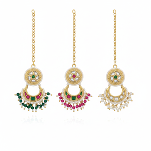 Jewelemarket Green Gold Plated Fine Jewelry <b>Set</b> with Crystal Stone and <b>Pearls</b> Maangtikka - Product Image 2