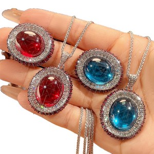 9 Wholesale Vintage Copper Jewelry Smooth 15*18mm Oval Cut Cubic Zirconia Pendant Necklace And Rings <b>Set</b> For Women - Product Image 2