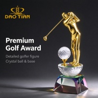 Trophée de golf en cristal plaqué or avec figurine de golfeur et balle de golf, base irisée, récompense pour tournoi sportif, vente en gros, fabricant