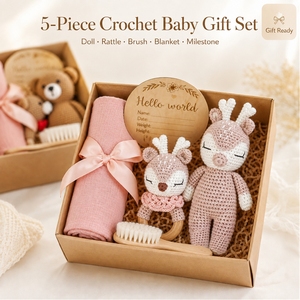 Set Regalo per Neonato con Sonaglio a Forma di Animale all'Uncinetto, Giocattolo a Maglia in Peluche di Cotone, Massaggiagengive Rotondo Unisex in Legno di Faggio e Anello da Dentizione - Product Image 4