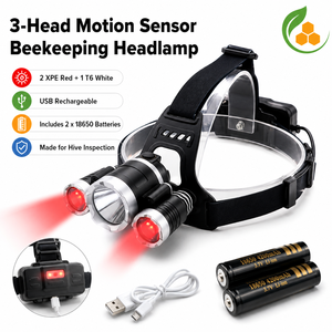 Lampe frontale LED à trois faisceaux inductifs à lumière rouge pour apiculture, mains libres, contrôle par geste, sans perturber les abeilles pour la vérification nocturne des ruches - Product Image 1