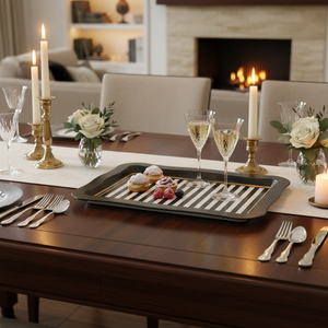 238x358 mm Elegant Rectangular Pearl Metal <b>Tray</b> <b>Black</b> and White Line <b>Serving</b> Platter with Wavy Edge Sweet Home Collection - Product Image 3