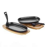 Wajan Panggang Steak Besi Cor Enamel untuk Memasak di Dapur atau Berkemah, Wajan Besi Cor Persegi, Wajan Panggang Anti Lengket dengan Nampan Kayu