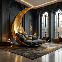 Lit en forme de croissant de lune Starry Canopy, cadre en fibre de verre noir, revêtement en lin, pour chambre à coucher moderne et luxueuse