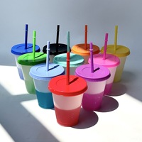 Gobelets en plastique jetables 16 oz avec logo personnalisé, couvercles et pailles à changement de couleur, design moderne, pour fêtes et boissons glacées